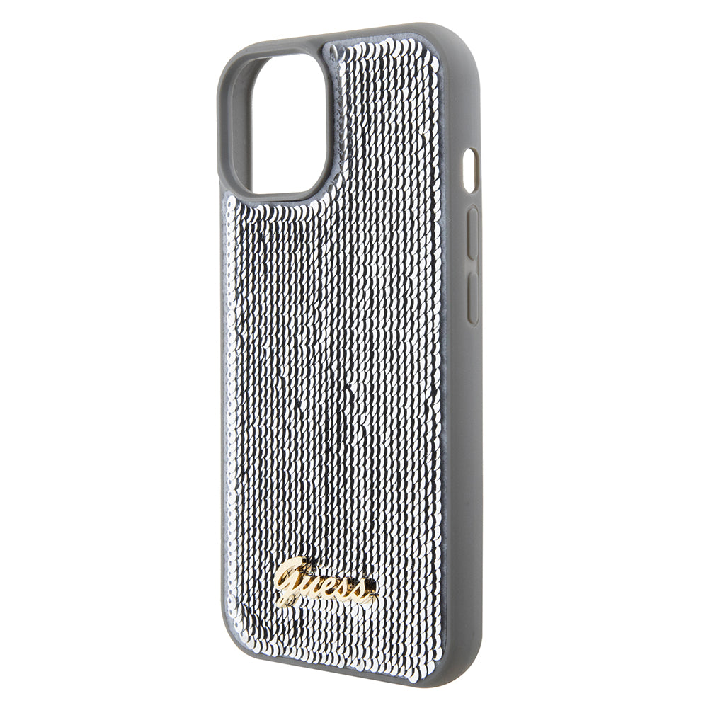 Case for Apple iPhone 15, Guess, Sequin Script Metal, Silver