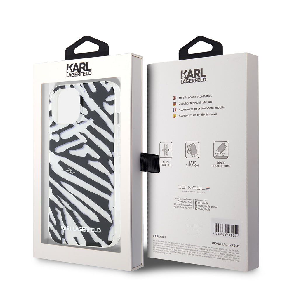 Case for Apple iPhone 15, Karl Lagerfeld, IML Luxury Zebra Pattern with Strap, Black
