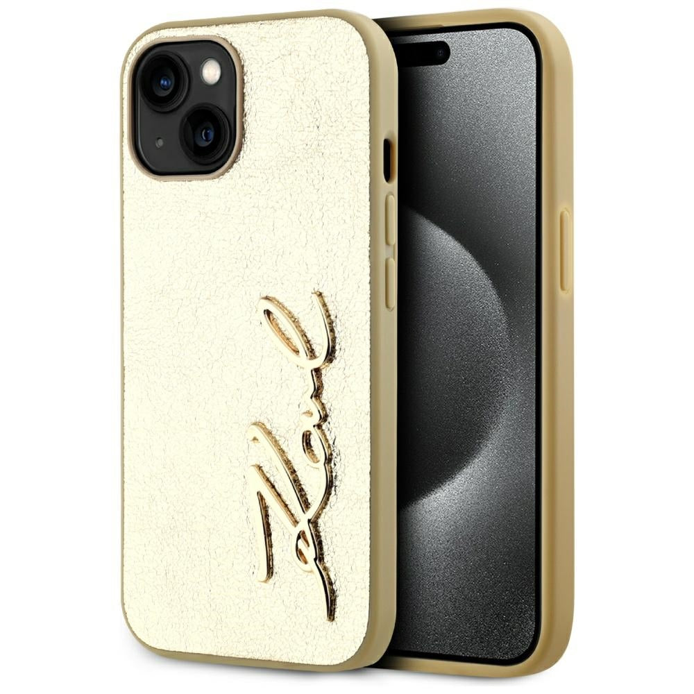 Kotelo Apple iPhone 15:lle, Karl Lagerfeld, Metal Signature, Kultainen