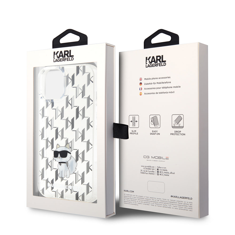 Kotelo Apple iPhone 15:lle, Karl Lagerfeld, Monogram Choupette, Läpinäkyvä