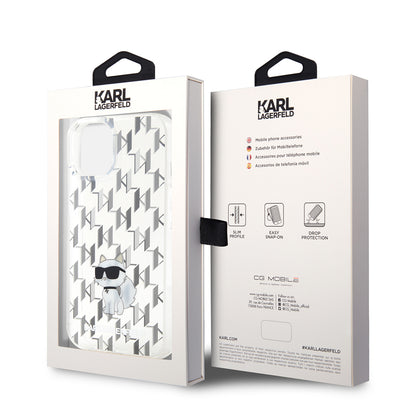 Kotelo Apple iPhone 15:lle, Karl Lagerfeld, Monogram Choupette, Läpinäkyvä