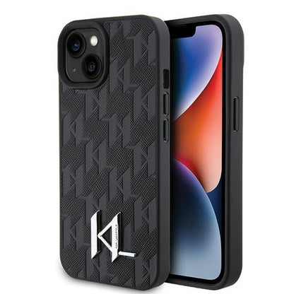Suojakotelo Apple iPhone 15:lle, Karl Lagerfeld, Monogram Hot Stamp Metal Logo, Musta