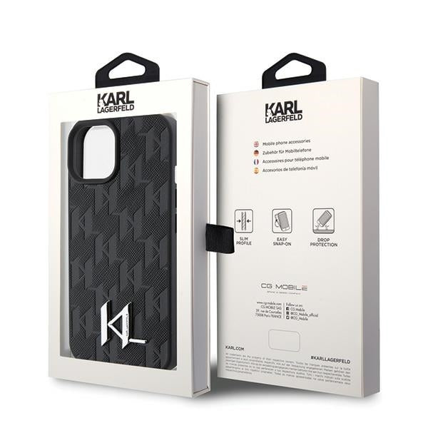 Suojakotelo Apple iPhone 15:lle, Karl Lagerfeld, Monogram Hot Stamp Metal Logo, Musta