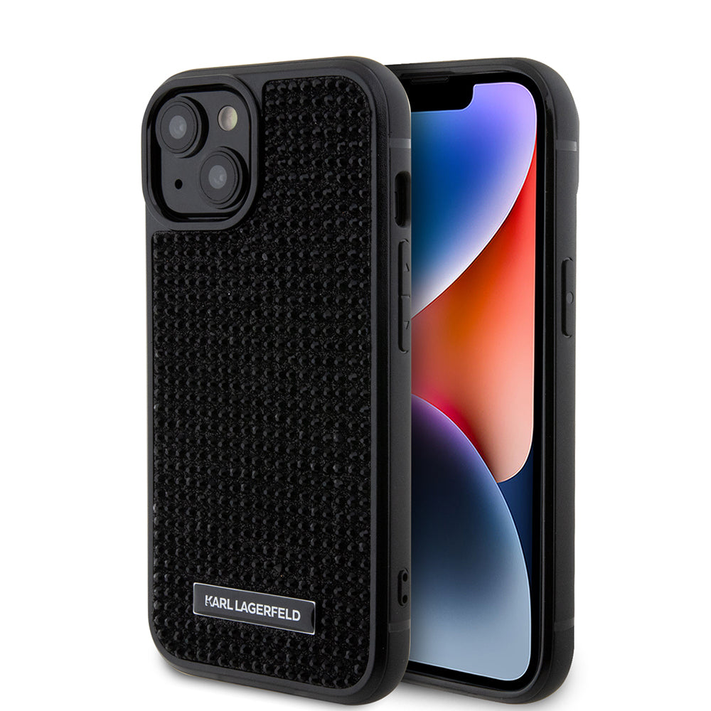 Kotelo Apple iPhone 15:lle, Karl Lagerfeld, Rhinestone Metal Plate, Musta