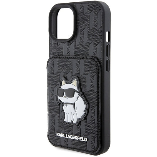 Case for Apple iPhone 15, Karl Lagerfeld, Saffiano Cardslots and Stand Monogram Choupette, Black