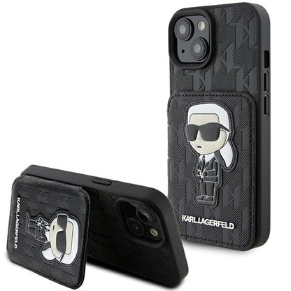 Suojakotelo Apple iPhone 15:lle, Karl Lagerfeld, Saffiano Cardslots and Stand Monogram Ikonik Karl, Musta