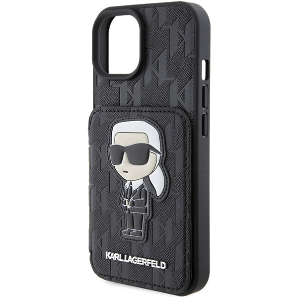 Suojakotelo Apple iPhone 15:lle, Karl Lagerfeld, Saffiano Cardslots and Stand Monogram Ikonik Karl, Musta