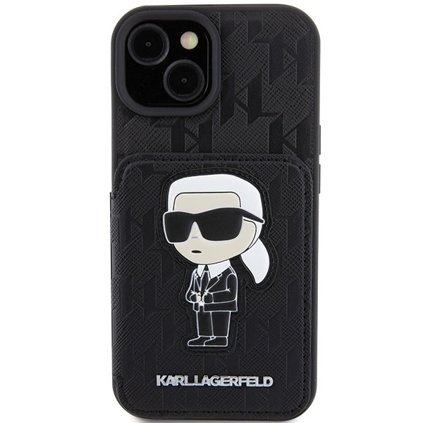 Suojakotelo Apple iPhone 15:lle, Karl Lagerfeld, Saffiano Cardslots and Stand Monogram Ikonik Karl, Musta