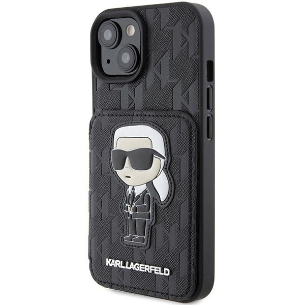 Suojakotelo Apple iPhone 15:lle, Karl Lagerfeld, Saffiano Cardslots and Stand Monogram Ikonik Karl, Musta