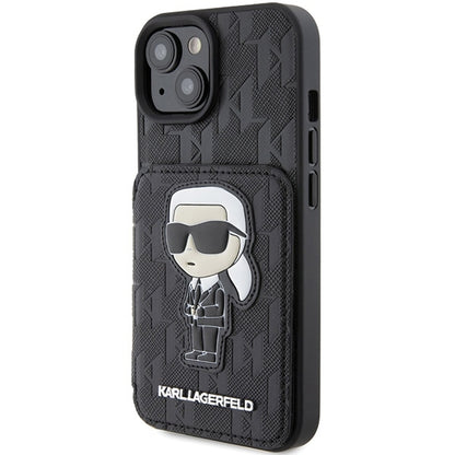 Suojakotelo Apple iPhone 15:lle, Karl Lagerfeld, Saffiano Cardslots and Stand Monogram Ikonik Karl, Musta