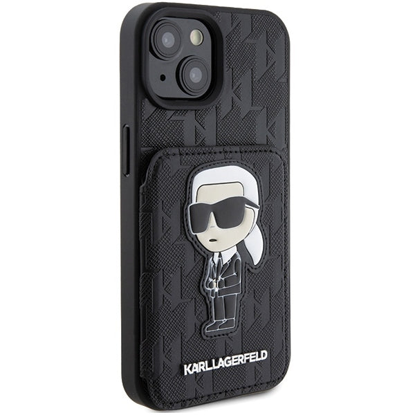 Suojakotelo Apple iPhone 15:lle, Karl Lagerfeld, Saffiano Cardslots and Stand Monogram Ikonik Karl, Musta