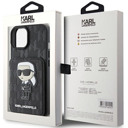 Suojakotelo Apple iPhone 15:lle, Karl Lagerfeld, Saffiano Cardslots and Stand Monogram Ikonik Karl, Musta