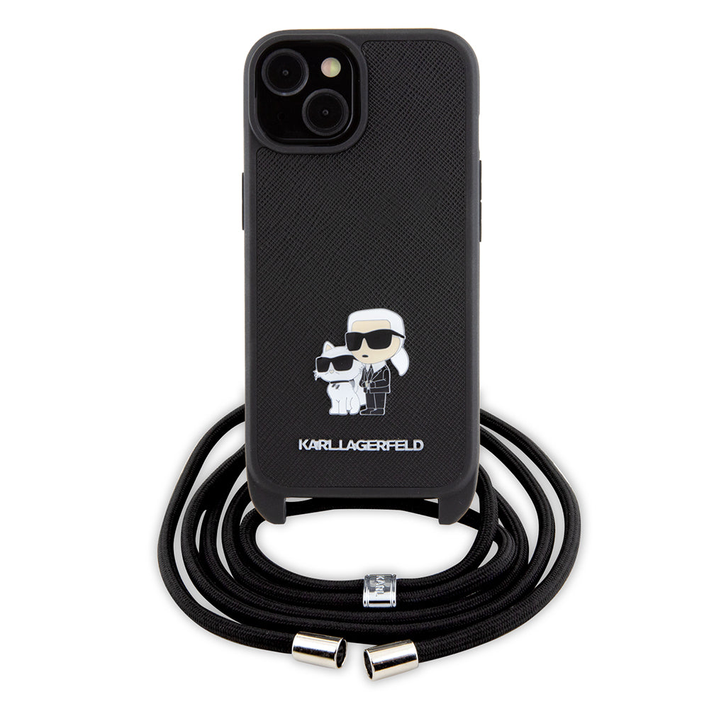 Kotelo Apple iPhone 15:lle, Karl Lagerfeld, Saffiano Crossbody Metal Pin Karl & Choupette, Musta