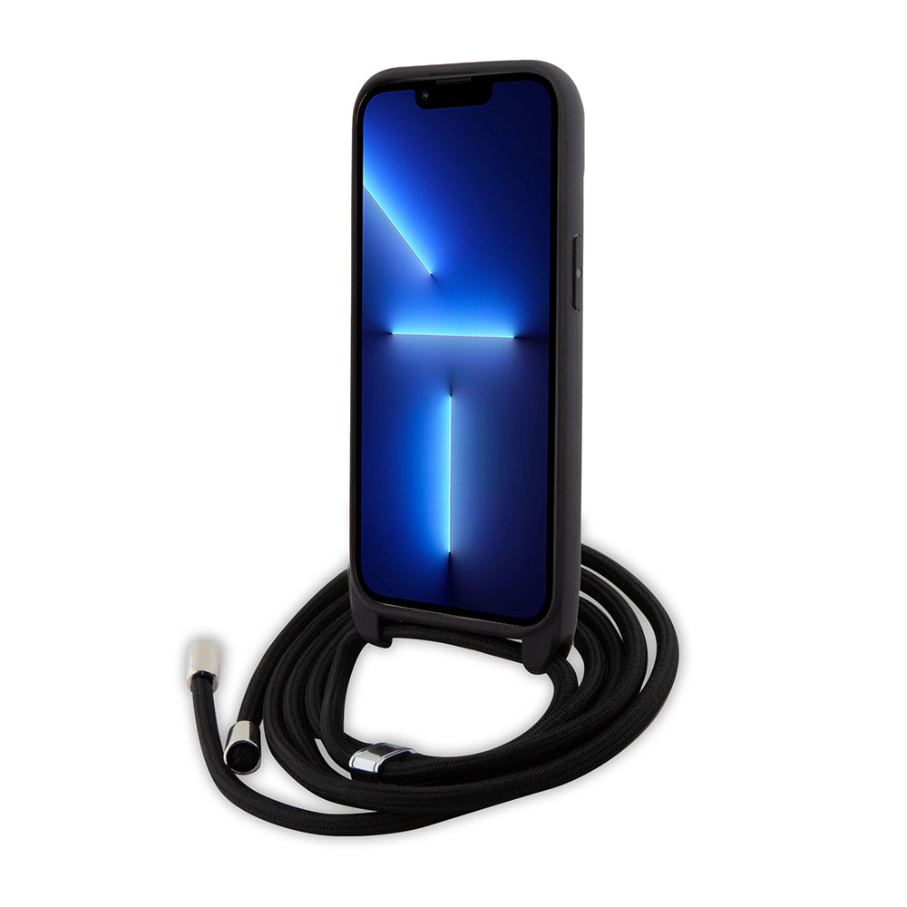 Kotelo Apple iPhone 15:lle, Karl Lagerfeld, Saffiano Crossbody Metal Pin Karl & Choupette, Musta