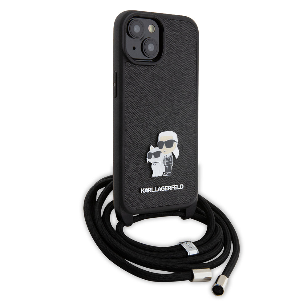 Kotelo Apple iPhone 15:lle, Karl Lagerfeld, Saffiano Crossbody Metal Pin Karl & Choupette, Musta