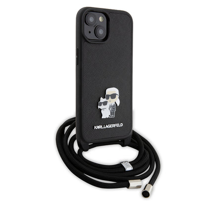 Kotelo Apple iPhone 15:lle, Karl Lagerfeld, Saffiano Crossbody Metal Pin Karl & Choupette, Musta