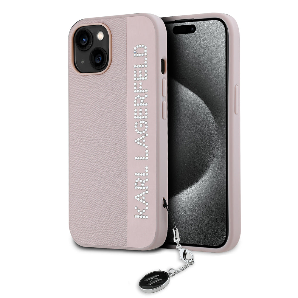 Suojakotelo Apple iPhone 15:lle, Karl Lagerfeld, Saffiano Rhinestones & Charm, Pinkki