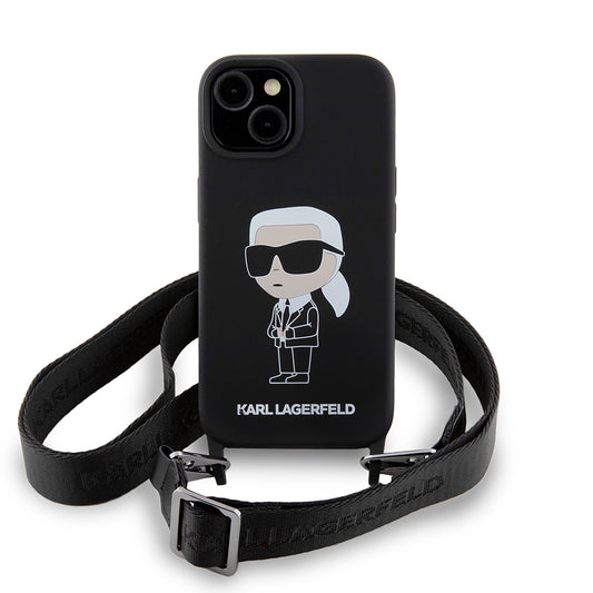 Case for Apple iPhone 15, Karl Lagerfeld, Silicone Crossbody Ikonik Karl, Black