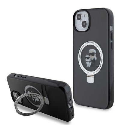 Kotelo Apple iPhone 15 Plus:lle, Karl Lagerfeld, Ringstand Karl & Choupette, Musta