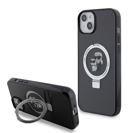 Kotelo Apple iPhone 15 Plus:lle, Karl Lagerfeld, Ringstand Karl & Choupette, Musta