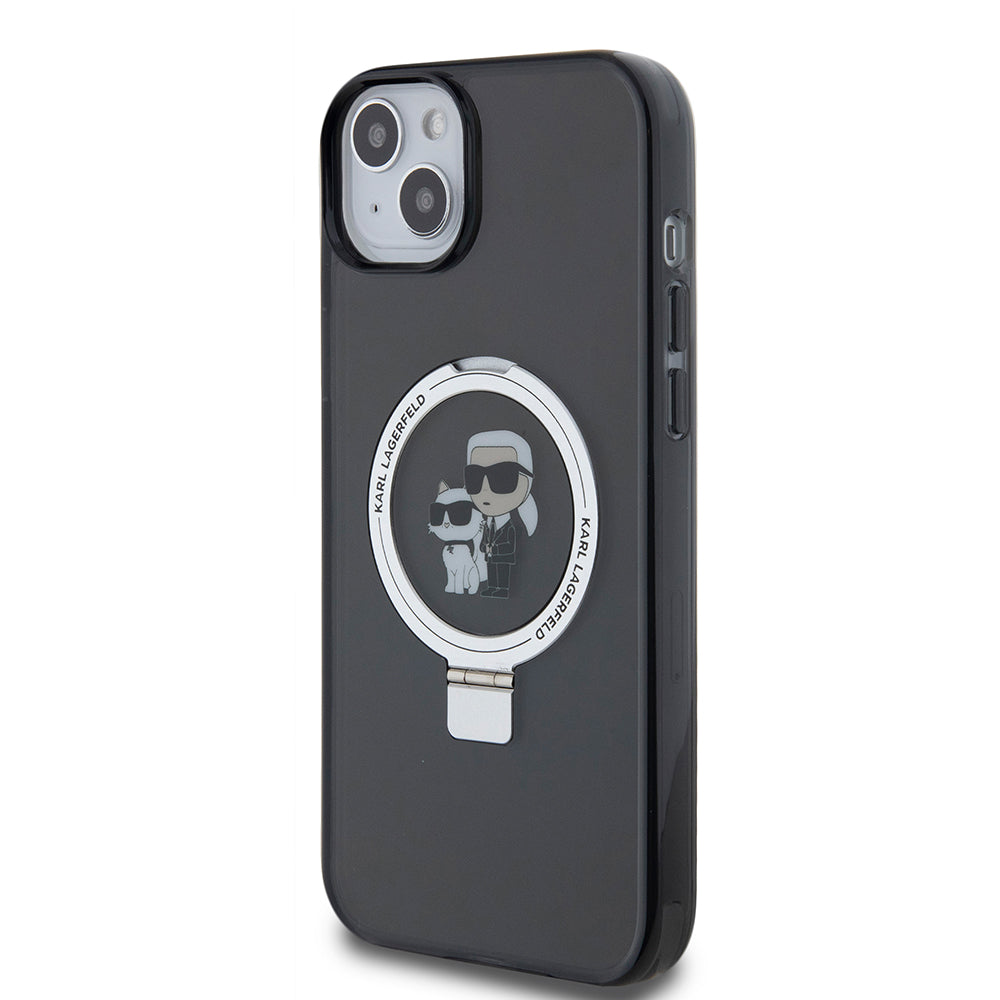 Kotelo Apple iPhone 15 Plus:lle, Karl Lagerfeld, Ringstand Karl & Choupette, Musta