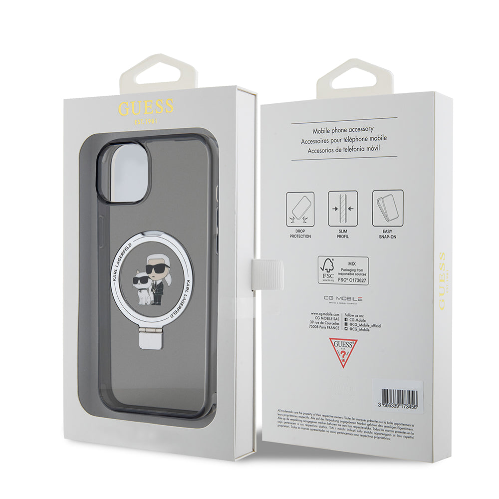Kotelo Apple iPhone 15 Plus:lle, Karl Lagerfeld, Ringstand Karl & Choupette, Musta