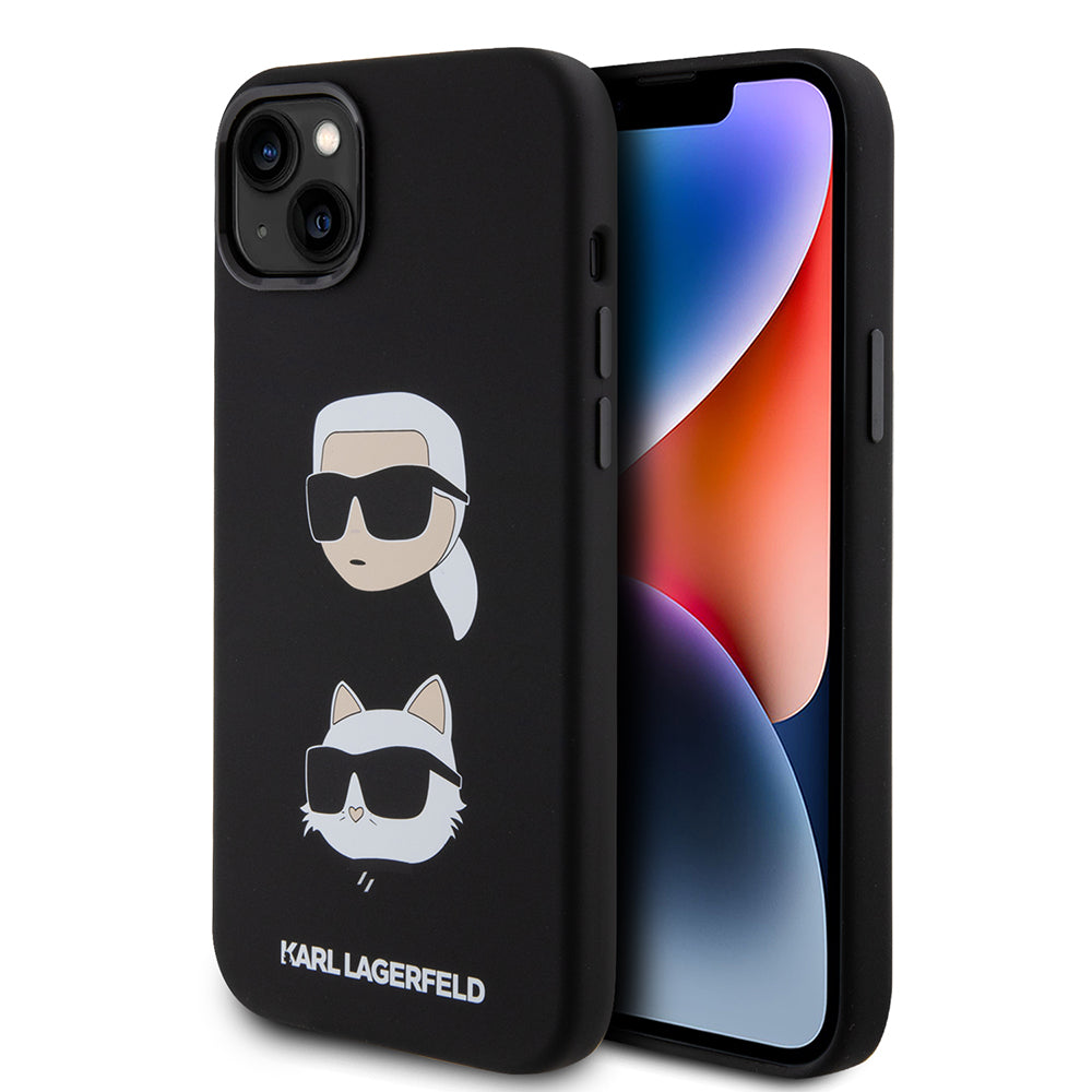 Kotelo Apple iPhone 15 Plus -puhelimelle, Karl Lagerfeld, Silicone Karl & Choupette's Heads, Musta