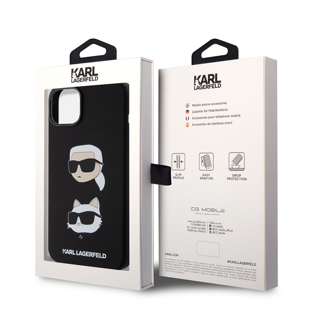 Kotelo Apple iPhone 15 Plus -puhelimelle, Karl Lagerfeld, Silicone Karl & Choupette's Heads, Musta