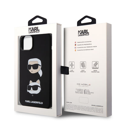Kotelo Apple iPhone 15 Plus -puhelimelle, Karl Lagerfeld, Silicone Karl & Choupette's Heads, Musta
