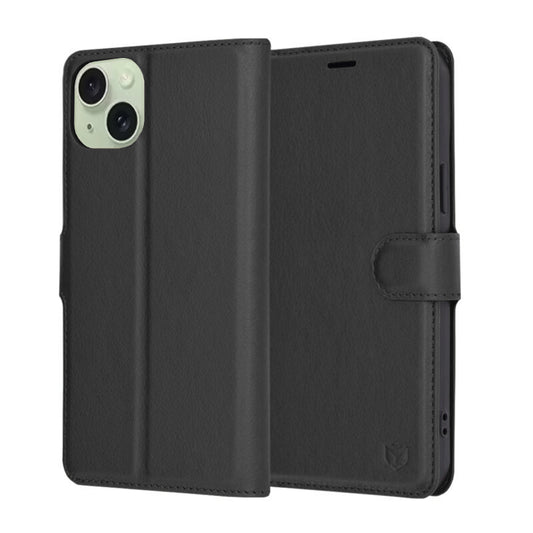 Kuori Apple iPhone 15 Plus -puhelimelle, Techsuit, nahkainen folio, musta