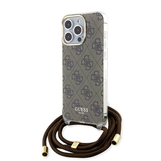 Suojakotelo Apple iPhone 15 Prolle, Guess, Crossbody Cord 4G Print, Ruskea