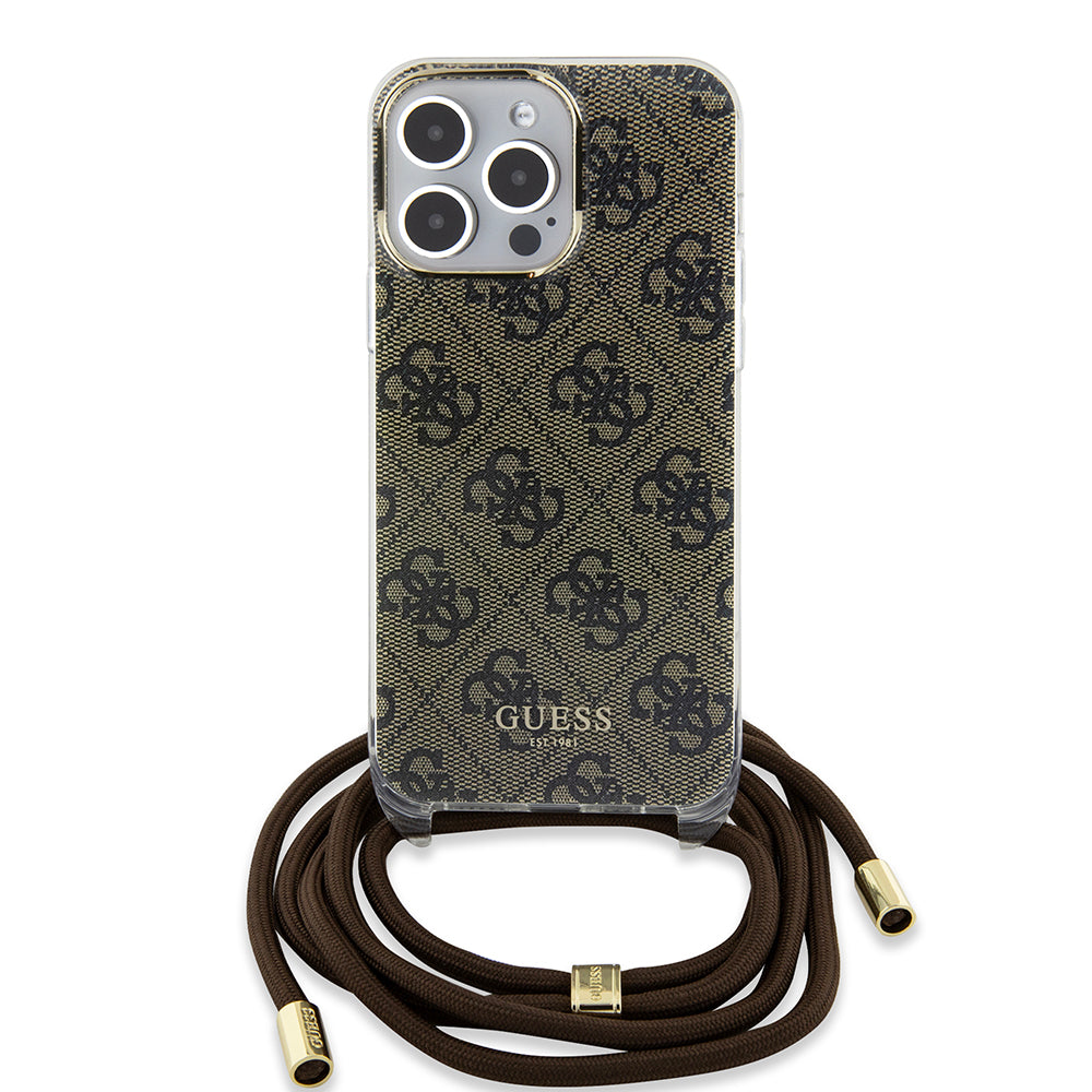 Suojakotelo Apple iPhone 15 Prolle, Guess, Crossbody Cord 4G Print, Ruskea