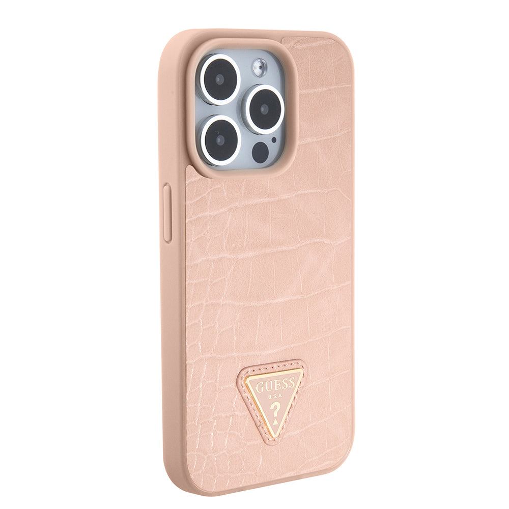 Suojakotelo Apple iPhone 15 Prolle, Guess, Croco Triangle Metal Logo, Pinkki