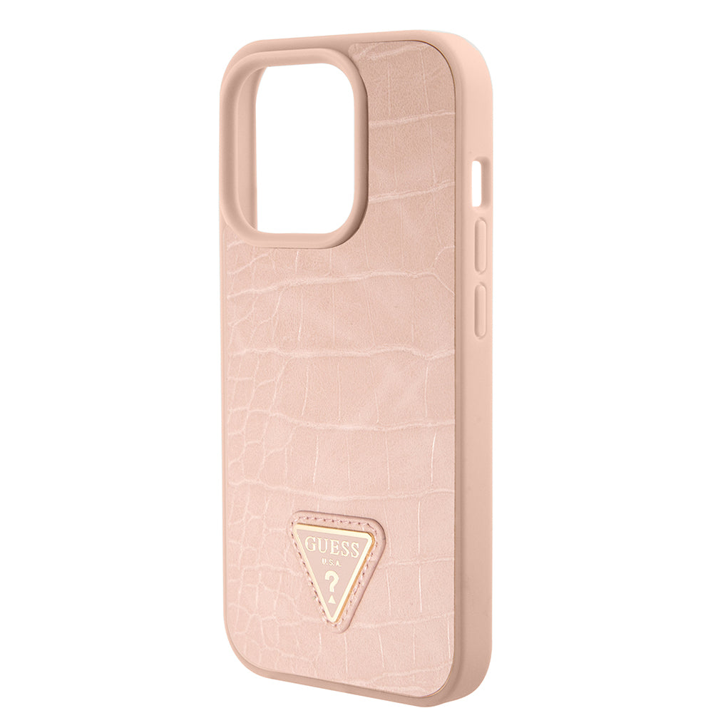 Suojakotelo Apple iPhone 15 Prolle, Guess, Croco Triangle Metal Logo, Pinkki