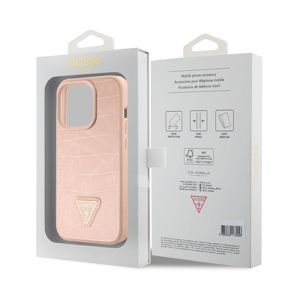Suojakotelo Apple iPhone 15 Prolle, Guess, Croco Triangle Metal Logo, Pinkki