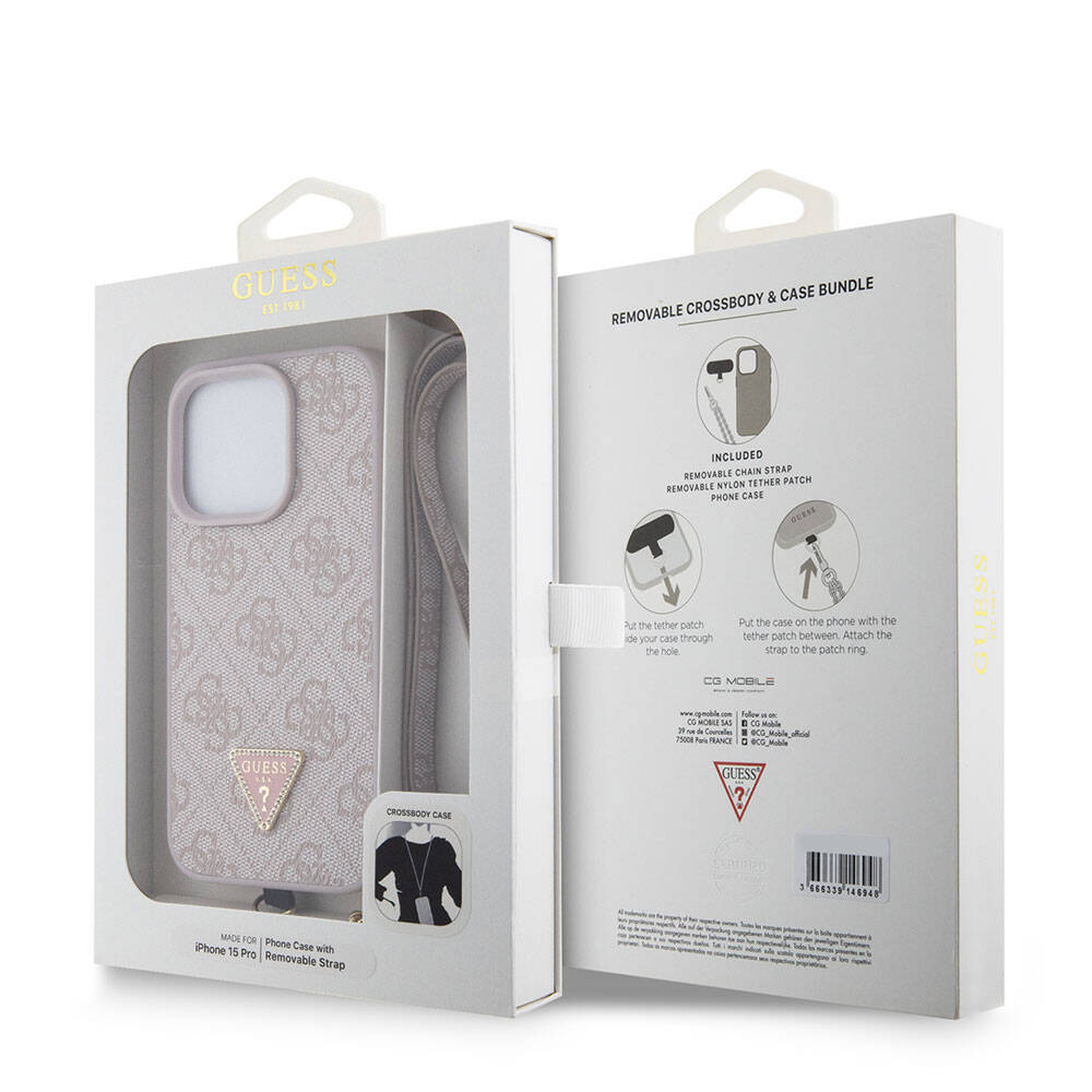 Kotelo Apple iPhone 15 Prolle, Guess, Crossbody 4G Metal Logo, Pinkki