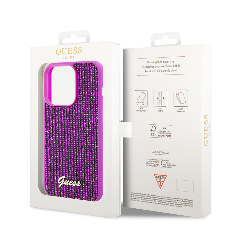 Kotelo Apple iPhone 15 Prolle, Guess, Disco Metal Script, Fuksia
