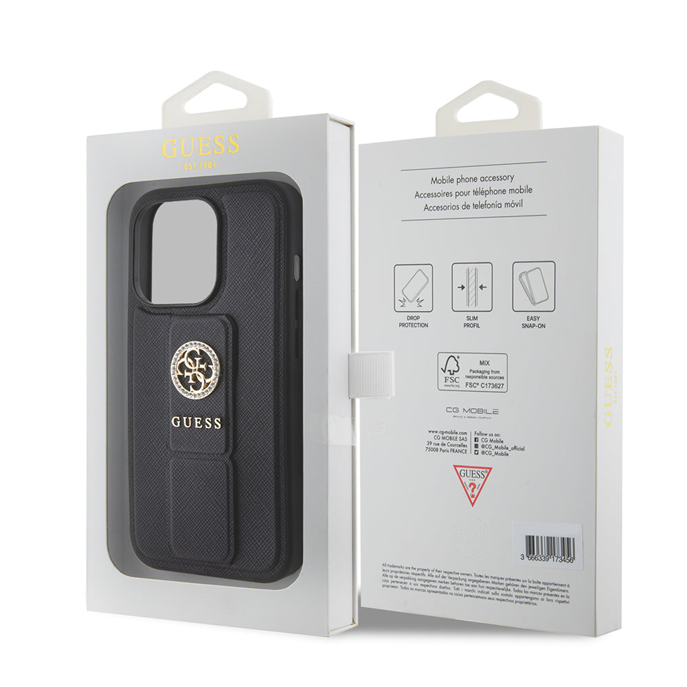 Kotelo Apple iPhone 15 Prolle, Guess, Grip Stand 4G Saffiano Strass, Musta