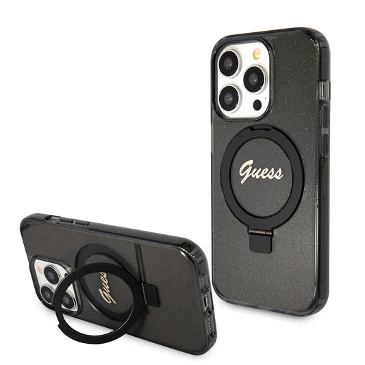 MagSafe-kotelo Apple iPhone 15 Prolle, Guess, IML Ring Stand Glitter, Musta