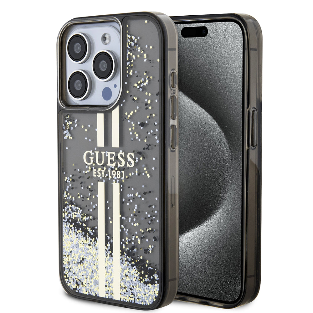 Kotelo Apple iPhone 15 Prolle, Guess, Liquid Glitter Gold Stripe, Musta