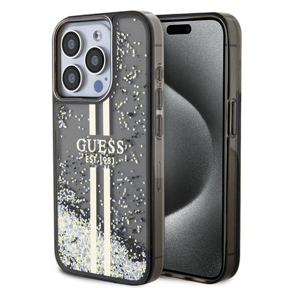 Kotelo Apple iPhone 15 Prolle, Guess, Liquid Glitter Gold Stripe, Musta