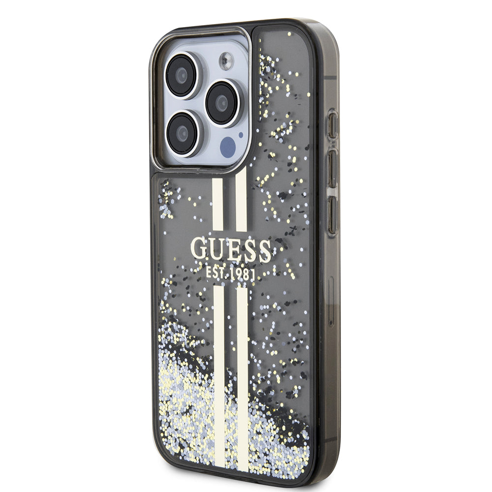 Kotelo Apple iPhone 15 Prolle, Guess, Liquid Glitter Gold Stripe, Musta