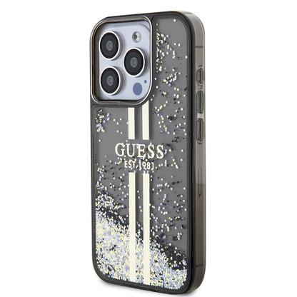 Kotelo Apple iPhone 15 Prolle, Guess, Liquid Glitter Gold Stripe, Musta