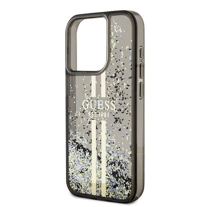 Kotelo Apple iPhone 15 Prolle, Guess, Liquid Glitter Gold Stripe, Musta