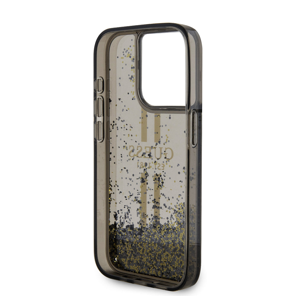 Kotelo Apple iPhone 15 Prolle, Guess, Liquid Glitter Gold Stripe, Musta