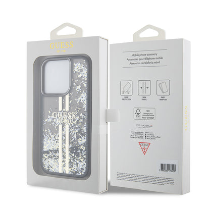 Kotelo Apple iPhone 15 Prolle, Guess, Liquid Glitter Gold Stripe, Musta