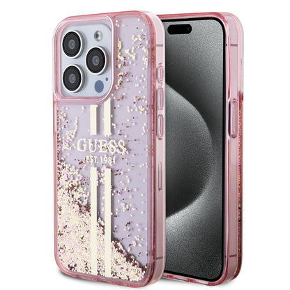 Kotelo Apple iPhone 15 Prolle, Guess, Liquid Glitter Gold Stripes, Pinkki