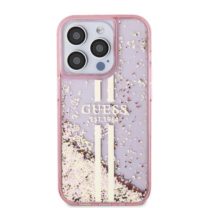 Kotelo Apple iPhone 15 Prolle, Guess, Liquid Glitter Gold Stripes, Pinkki