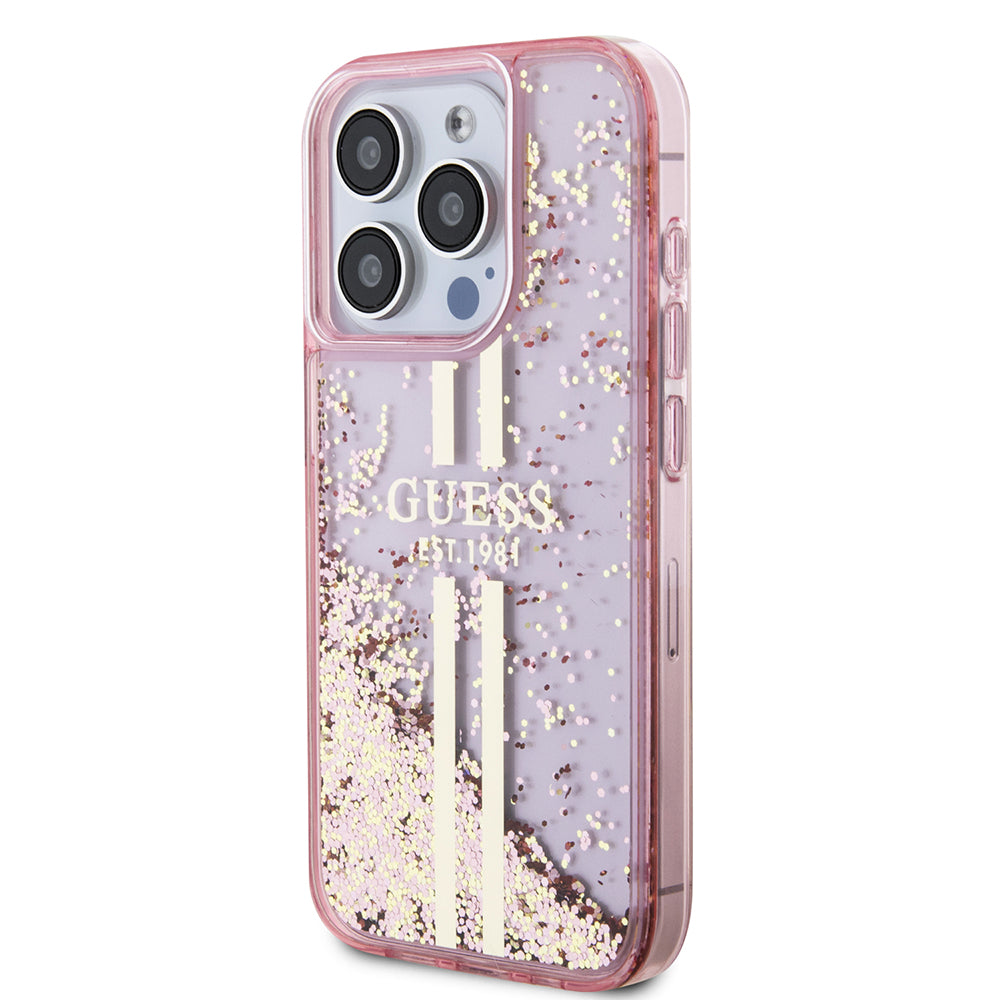 Kotelo Apple iPhone 15 Prolle, Guess, Liquid Glitter Gold Stripes, Pinkki