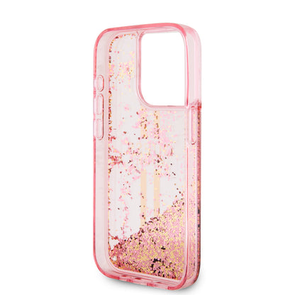 Kotelo Apple iPhone 15 Prolle, Guess, Liquid Glitter Gold Stripes, Pinkki
